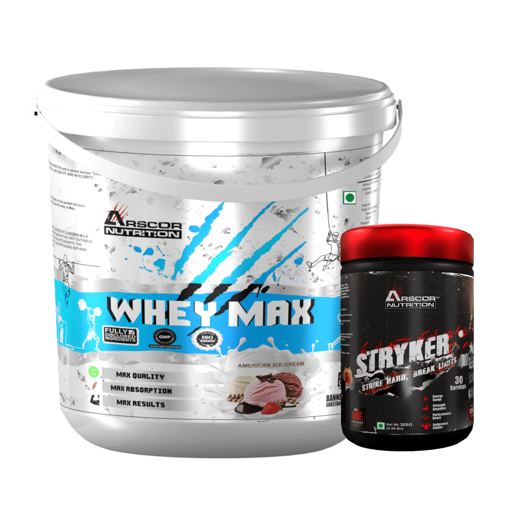 Whey Max (4kg) Plus Free Stryker (300g) – Premium Whey Protein for Lean Muscle | High‑Stim Pre Workout Powder - Arscor Nutrition -