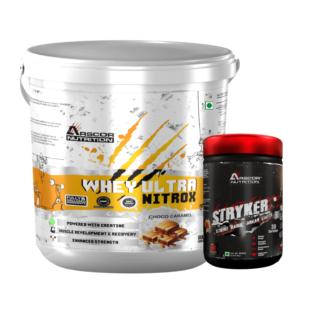 Whey Ultra Nitrox (4kg) Plus Free Stryker (300g) – Advanced Whey Protein for Muscle Growth | High‑Stim Pre Workout Powder - Arscor Nutrition -