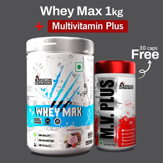 Whey Max (1kg) Plus Free MV Plus (60caps) – Premium Whey Protein for Lean Muscle | Advanced Performance Multivitamin for Men & Women - Arscor Nutrition -