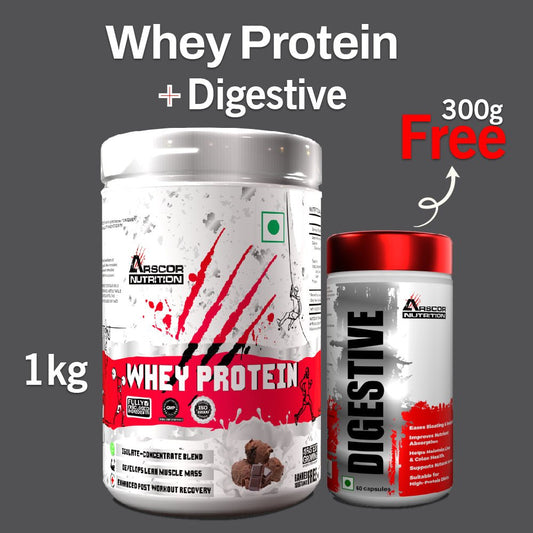 Whey Protein (1 kg) Plus FREE Digestive (60 caps) - Premium Fast - Absorbing Protein | Premium Digestive Supplement for Gut Health - Arscor Nutrition -