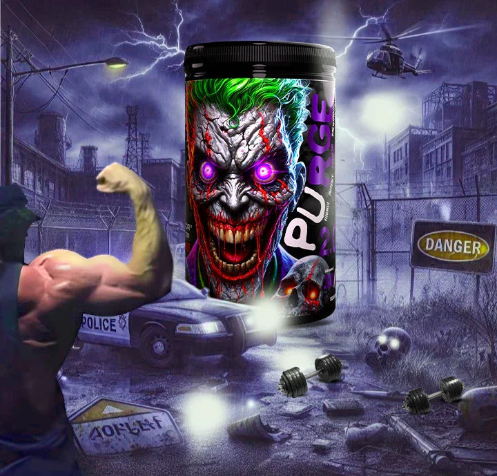 Energy supplement container with a sinister clown face, glowing purple eyes, in a dark cityscape with lightning, police car, and dumbbells