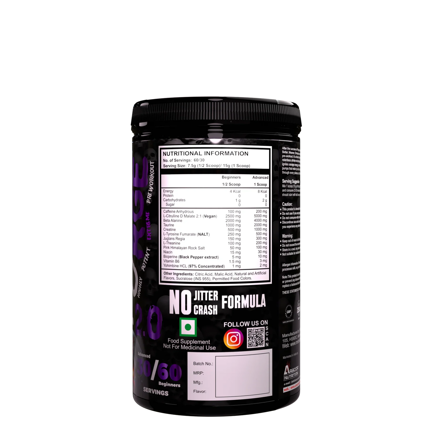 Back label of 3._PURGE_2.0 pre workout supplement showing nutritional information and ingredients