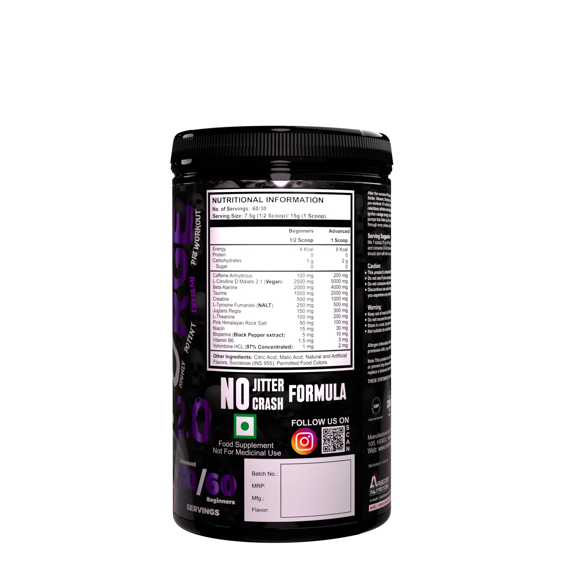 Back label of 3._PURGE_2.0 pre workout supplement showing nutritional information and ingredients