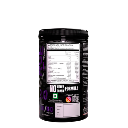 Back label of 3._PURGE_2.0 pre workout supplement showing nutritional information and ingredients