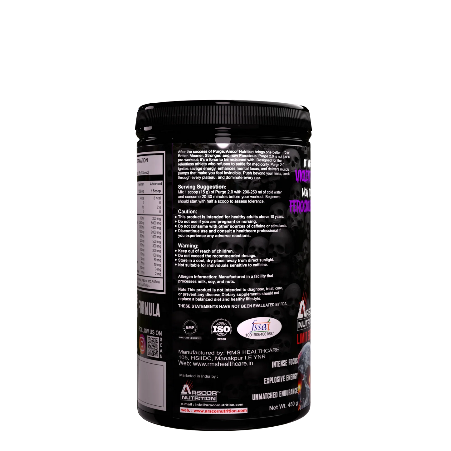 Black container of Purge 2.0 pre-workout supplement by Arscor Nutrition with usage instructions and warnings