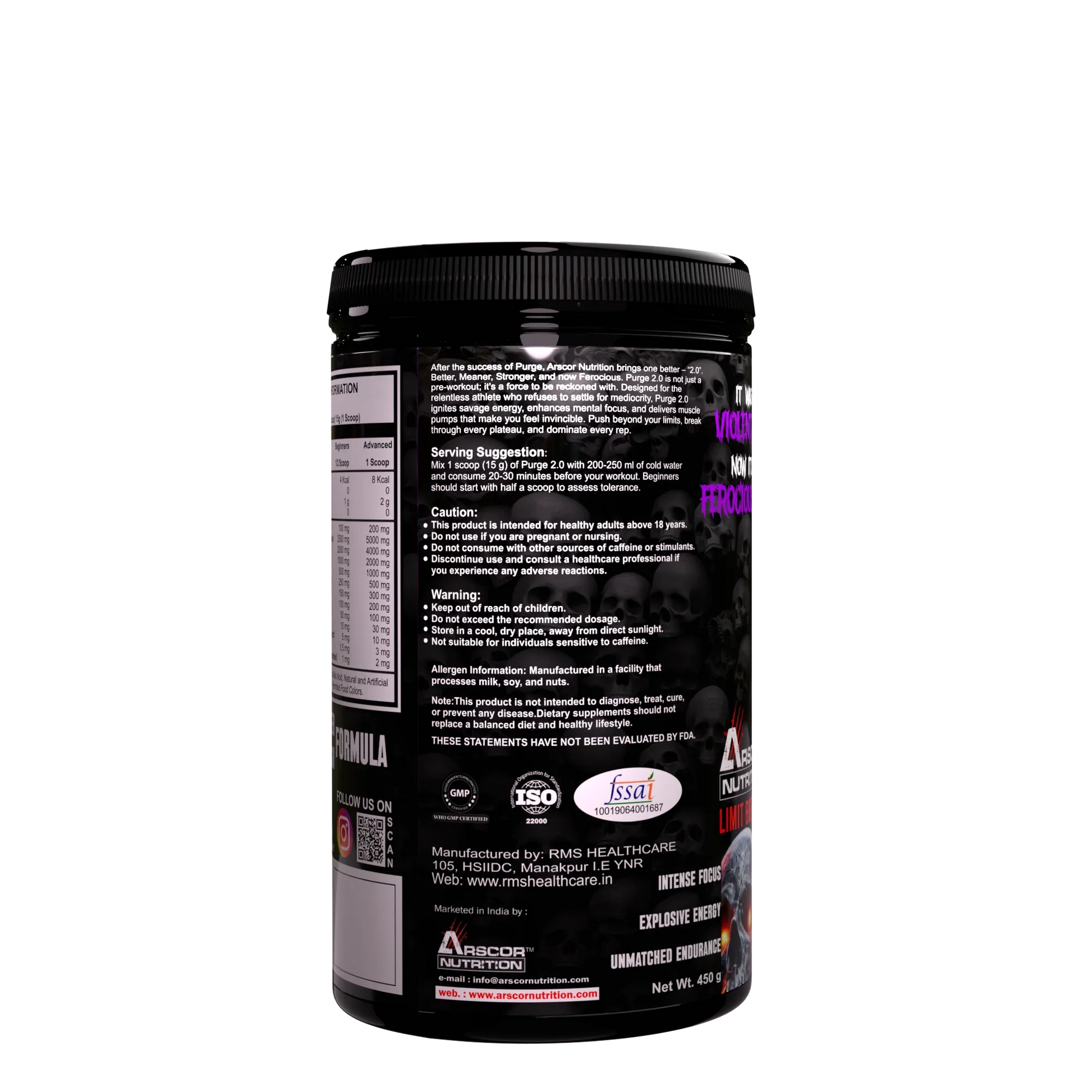 Black container of Purge 2.0 pre-workout supplement by Arscor Nutrition with usage instructions and warnings