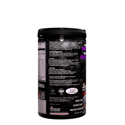 Black container of Purge 2.0 pre-workout supplement by Arscor Nutrition with usage instructions and warnings