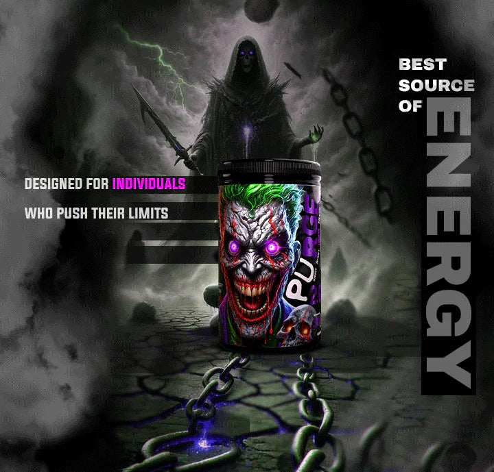 Energy supplement container with eerie Joker face design, dark chained background, and Grim Reaper figure