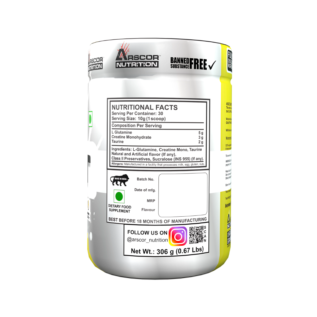 Arscor CGT Powder Creatine, Glutamine, Taurine Blend for Active Lifestyles, ideal for Pre/Post-Workout