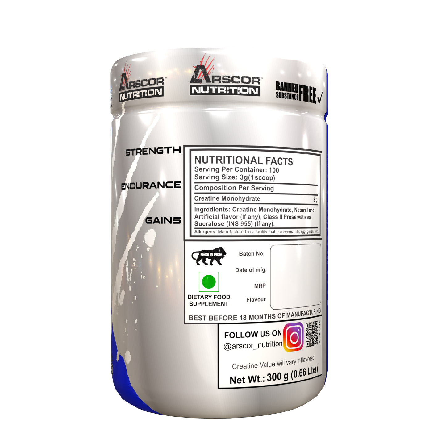 Arscor's Creypure Creatine Monohydrate Powder | 100% Pure, Micronized & HPLC-Tested
