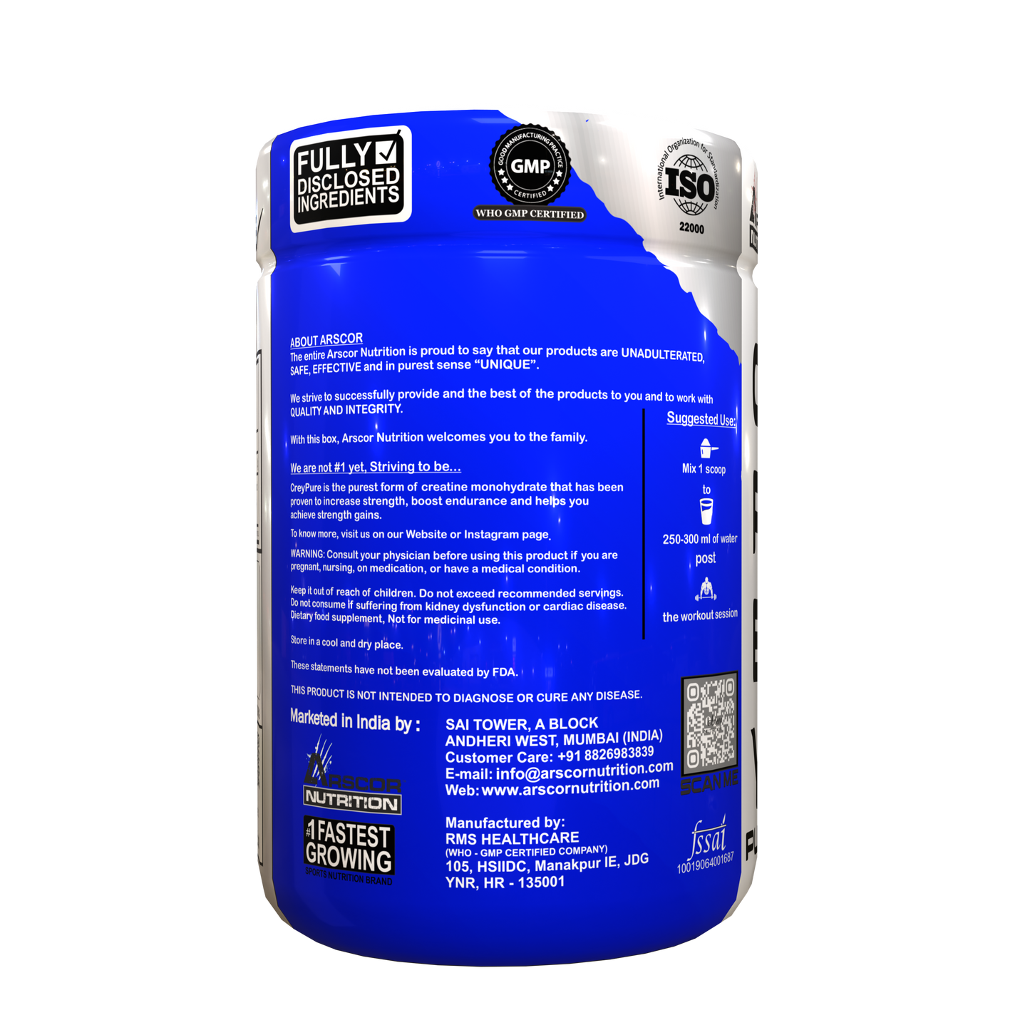 Arscor's Creypure Creatine Monohydrate Powder | 100% Pure, Micronized & HPLC-Tested