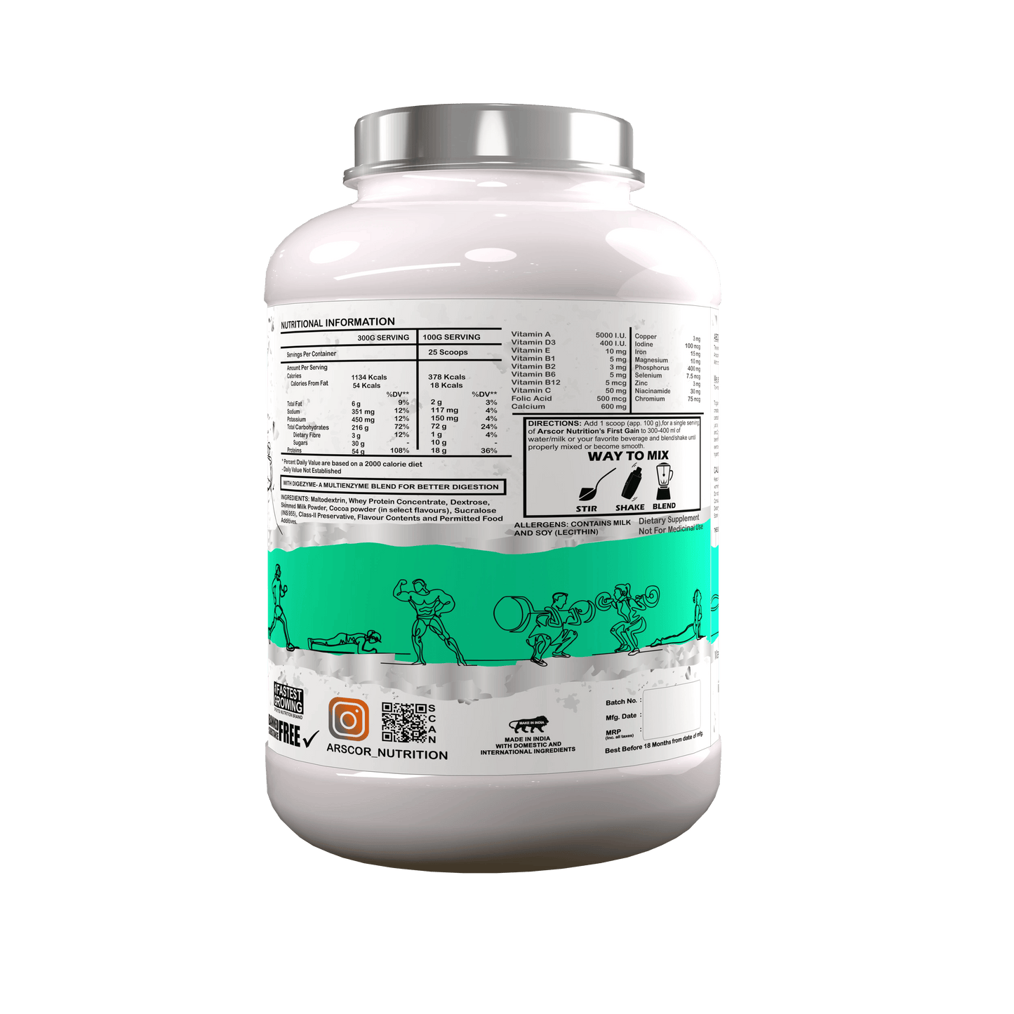 Arscor's First Gain Mass Gainer | High-Calorie Weight Gainer with Whey Protein & Complex Carbs