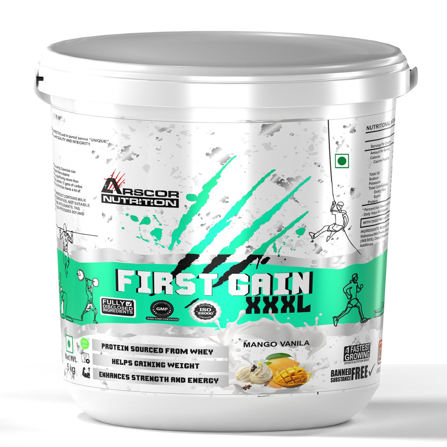 Arscor's First Gain Mass Gainer | High-Calorie Weight Gainer with Whey Protein & Complex Carbs