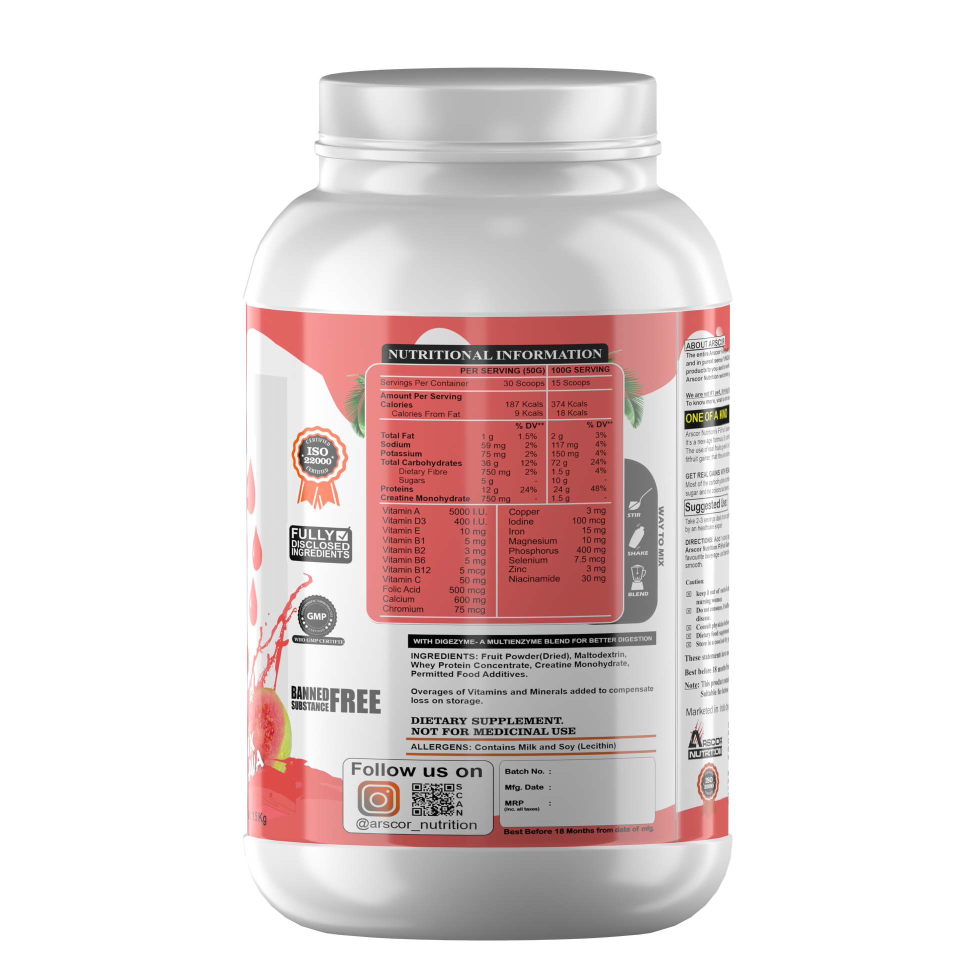 FitFruit Gainer Guava flavor nutritional supplement container back label showing ingredients and nutrition facts