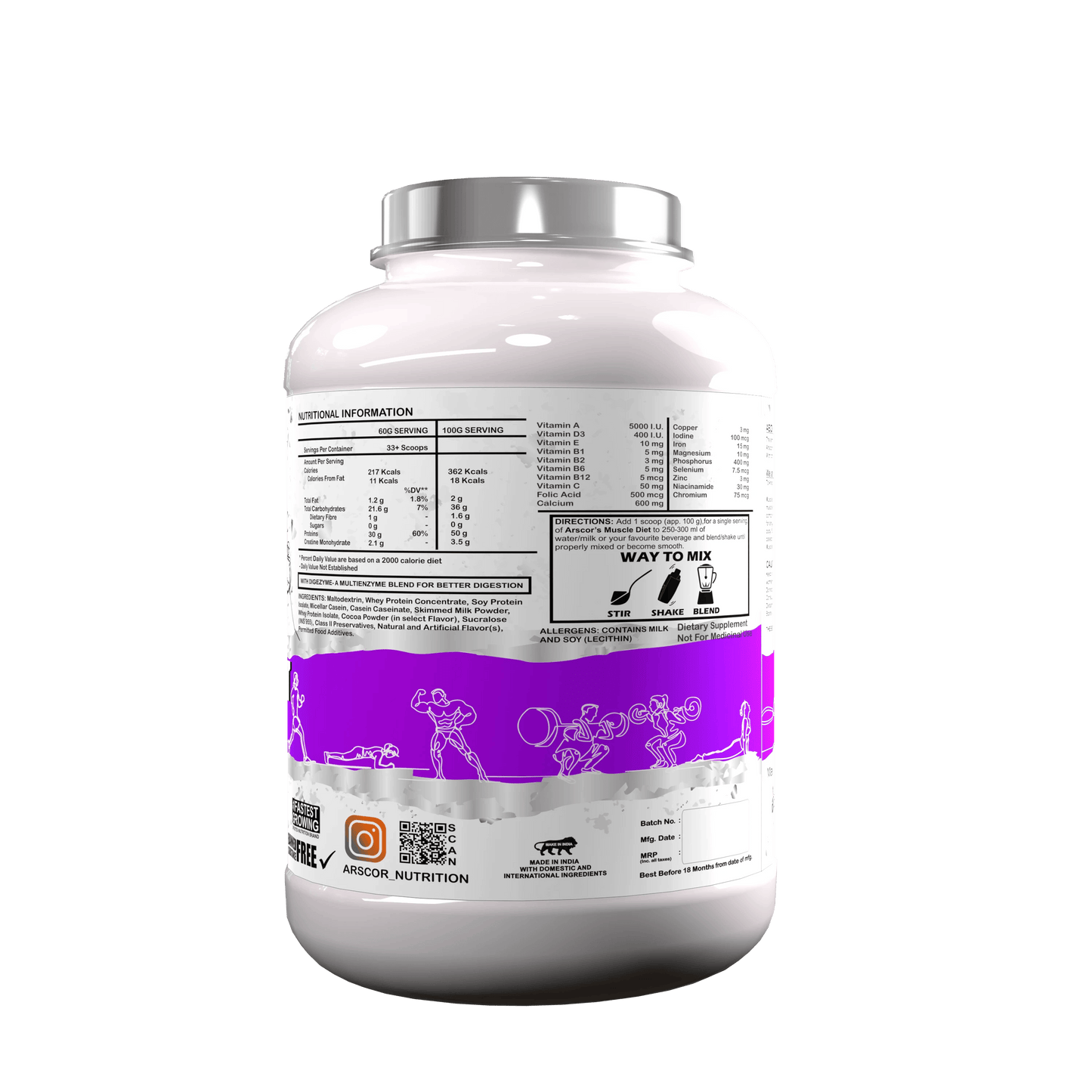 Arscor's Muscle Diet | Lean Muscle Gainer with 30g Whey Protein, 21.6g Carbs & 2.1g Creatine
