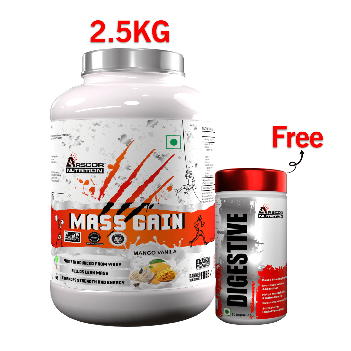 Arscor's Mass Gain Powder | Lean Protein Muscle Mass Gainer With L - Glutamine & Digestive Enzymes - Arscor Nutrition - 