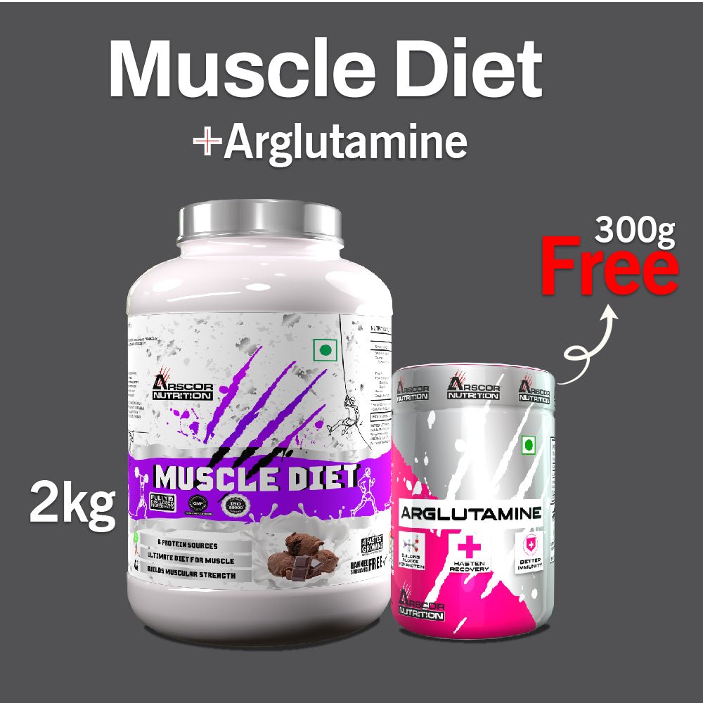 Muscle Diet (2kg) Plus FREE ARGLUTAMINE (300g) – High - Calorie Mass & Size Gainer | AR glutamine Advanced Muscle Recovery & Immunity Booster - Arscor Nutrition - 