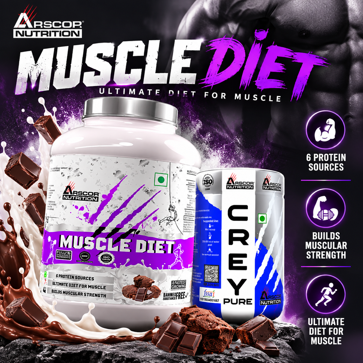 Muscle Diet Mass Gainer (2kg) Plus FREE Creypure (150g) – High-Calorie Formula for Mass & Size with Creatine Monohydrate Powder