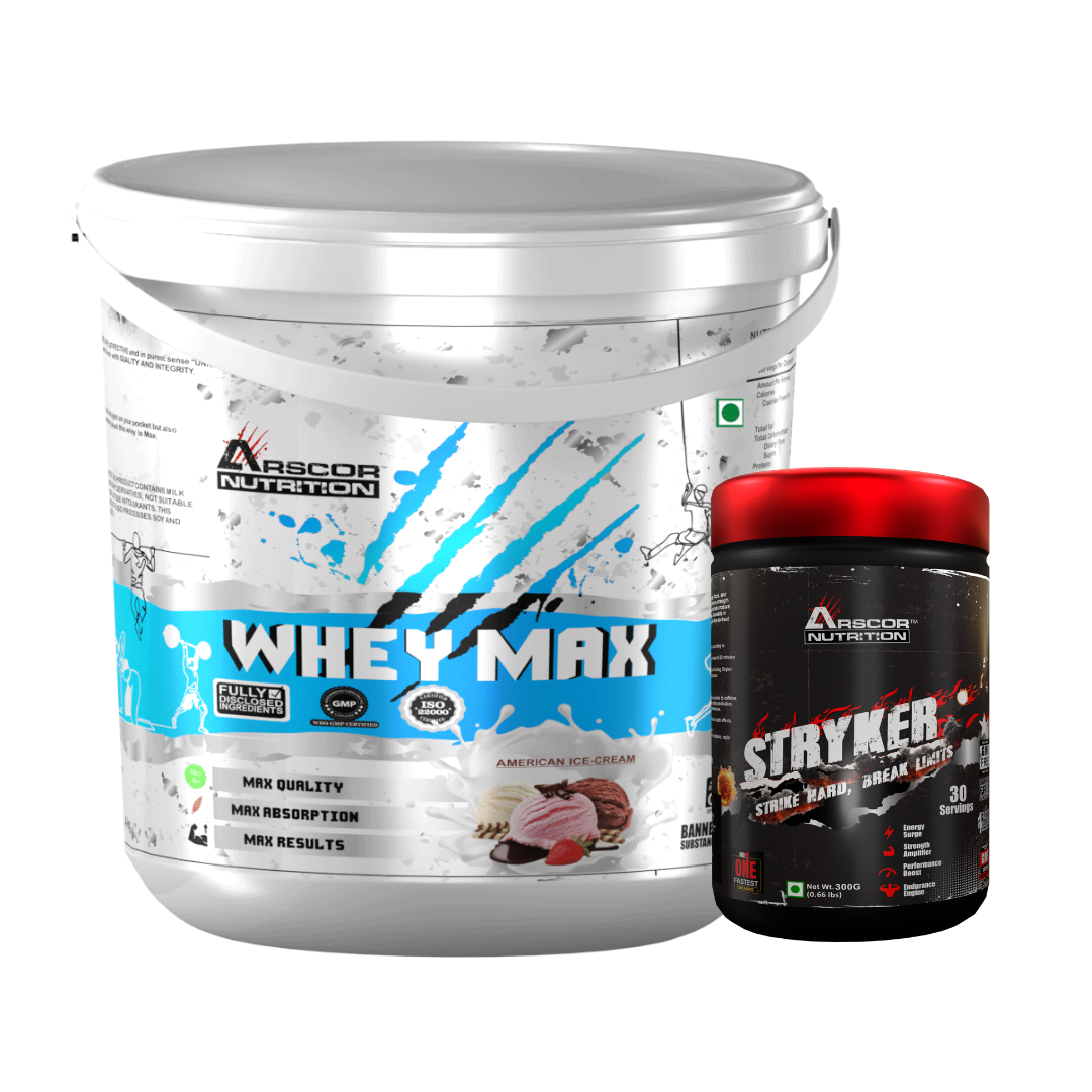 Whey Max (4kg) Plus Free Stryker (300g) – Premium Whey Protein for Lean Muscle | High‑Stim Pre Workout Powder