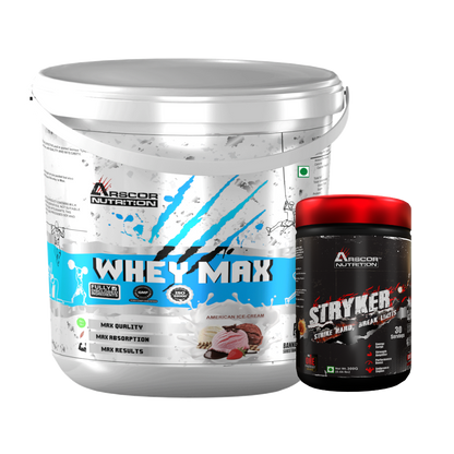 Whey Max (4kg) Plus Free Stryker (300g) – Premium Whey Protein for Lean Muscle | High‑Stim Pre Workout Powder