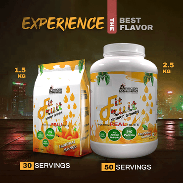 Fit Fruit Smart Gainer tropical mango flavor supplements in 1.5 kg and 2.5 kg packages with 24g protein, real fruits